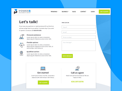 Power 3 :: Contact Page blue call to action contact contact page cta form icons insurance online quote