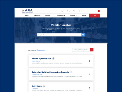 ARA :: Vendor Locator association find vendors resources search search results searchbar ui ux vendor locator web website