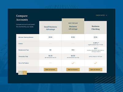 CF Bank :: Compare Accounts Table accounts bank boutique bank compare accounts compare options elegant features financial gold and navy luxury pricing pricing table table web website
