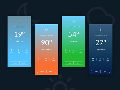 Weather App app design clouds day gradient minimal mobile night sun temperature ui ui design weather weather app weather icons