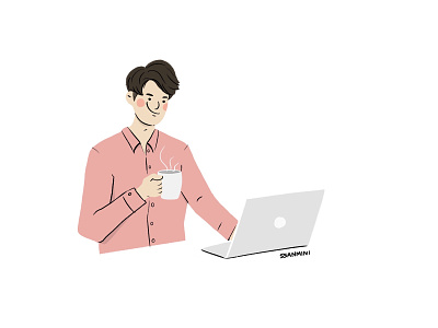 Freelance apple boy character coffee computer design drawing illust illustration mac man pink