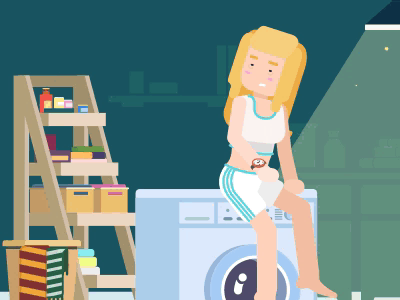 Washday 2d basement character animation fall asleep flat design girl motion graphics printer shaking sleep soap washer