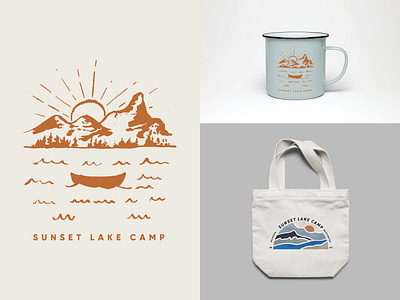 Sunset Lake Camp Merchandise camp illustration illustration design lake outdoor tin mug totebag