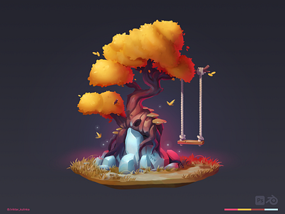 Autumn Tree scene 2d 3d art cartoon casual cg colorful environment gameart gamedev illustration