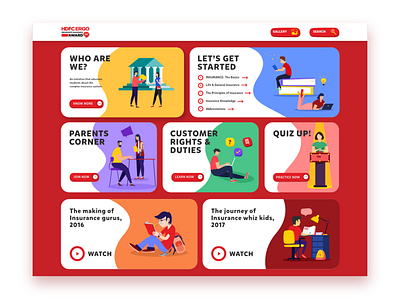 Microsite for HDFC ERGO- Homepage block menu colorful illustration information insurance learning quiz ui