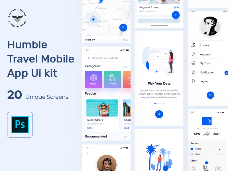 Humble Travel App Mobile UI Kit profile payment booking hotel holidays pack interface application ux kit ui mobile app travel humble