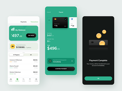 Insurance agent payout app banking cards design gradient green insurance ios payment payments payout ui