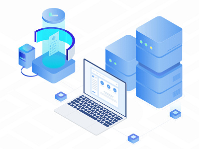 Testing process blue desktop glow gradient grid illustration isometric mobile server