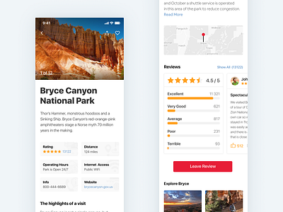 Near Places: Place Details (iOS) app canyon details details page homepage interface ios iphone map mobile mobile app mobile ui national park nature park rating review ui ux uxdesign