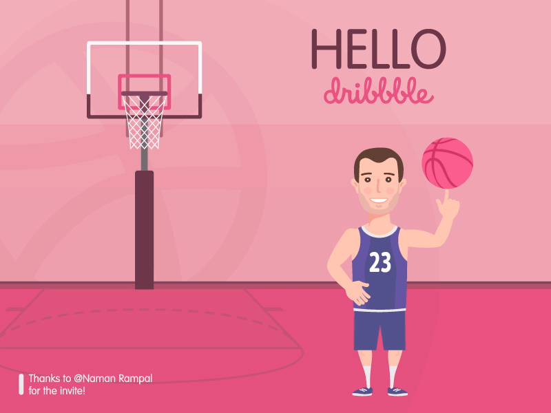 Hello Dribbble animation basketball debut dribbble flat gif hello illustration pink vector