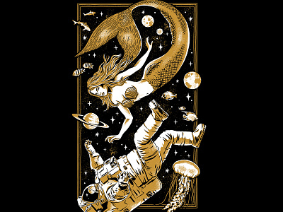 Worlds Collide animals astronaut digital art illustration love mermaid ocean planets space stars t shirt art threadless