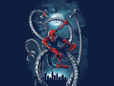 Tangled Web cityscape comics fighting moon shirt spiderman superheroes threadless villians