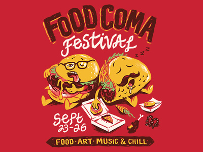Food Coma Festival burger cartoon event festival food food art funny illustration poster shirt tacos threadless