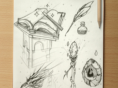 Wizard sketches book crow crystal fire ink magic plume potion sketches stick wand wizard