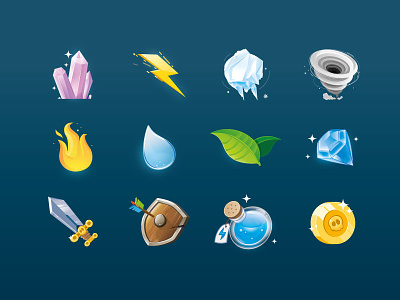 Knight/Elements game icon set drop fire game ice icons jewel knight leaf shield sword thunder water