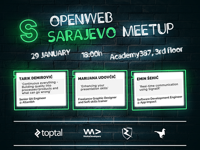 OpenWeb Sarajevo Meetup - 01/2019 affinity affinitydesigner brick wall debut design meetup neon neon green neon light other sarajevo