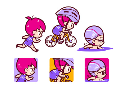 Chibi triathlon caracters and icon set asian bicycle cartoon character chibi design illustration kawaii olympics run sport swim tokyo triathlon vector