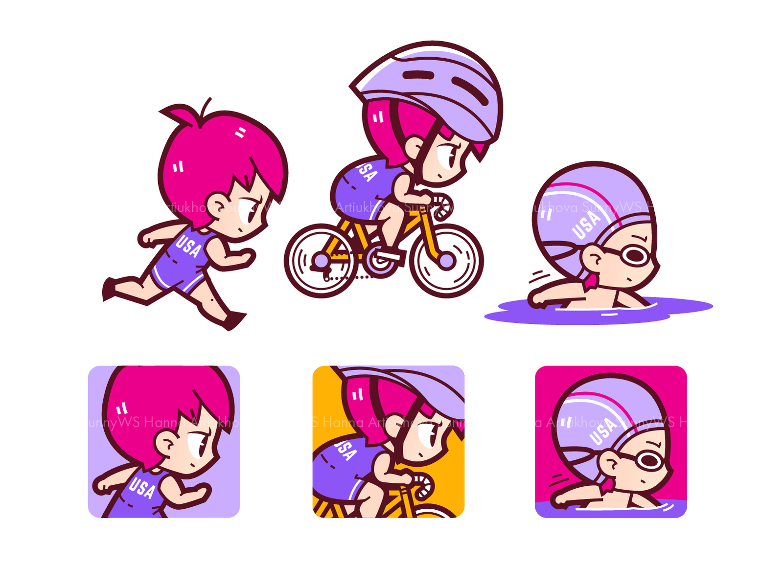 Chibi triathlon caracters and icon set by Hanna Artiukhova on Dribbble