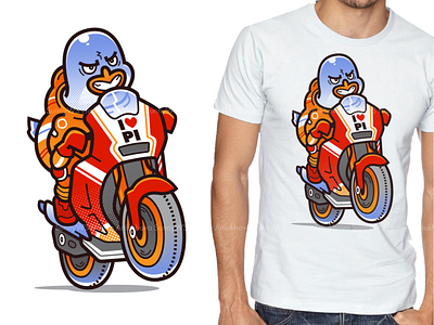 Penguing on a MotoGP bike T-shirt design animal bike cartoon character comic design illustration motorbike motorsport penguin tshirt vector