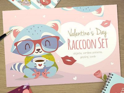 St. Valentine's Day Raccoon Set cartoon goods greeting holiday illustration love pastel pattern raccoon romantic valentine vector