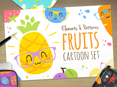 Fruits cartoon set fruits glasses goods patch pattern sale seamless set stars vector vegan