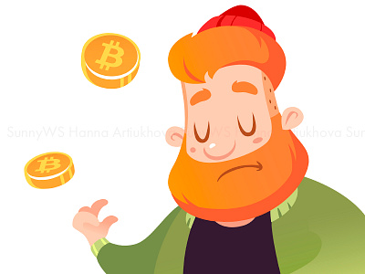 Cartoon fall of bitcoin sad miner man character illustration