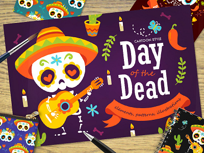 Day of the Dead set calavera cartoon character halloween holiday illustration set skeleton vector
