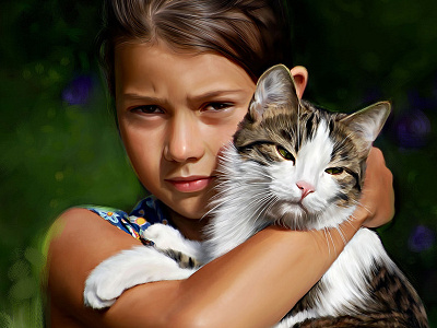 Girl with her cat digital painting