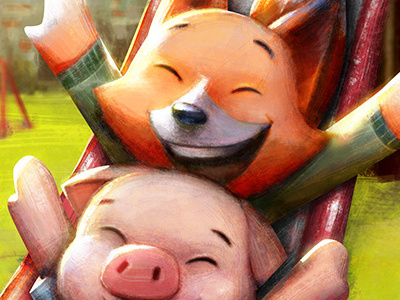 Pig and Fox animation children digital fanart fox haneep illustration painting pig the dam keeper