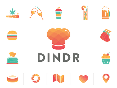 Branding + Icon Design for Dindr Application brand branding color dindr drink food iconography logo overlay ui