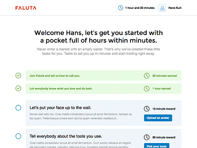 Faluta user onboarding concept complete faluta interface minimal onboarding signup tasks ui user welcome