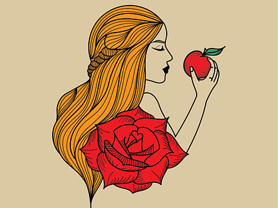 Apple cider color apple detailed drawing hair hand drawn illustration label rose women