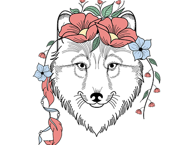 Bohemian Wolf bohemian boho detailed drawing flowers hand drawn illustration modern nature wolf