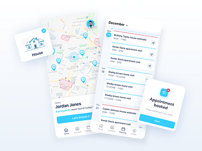 Real estate agent CRM app agenda blue clean clean ui crm crm software figma map meeting minimal mobile app pin planning product design schedule
