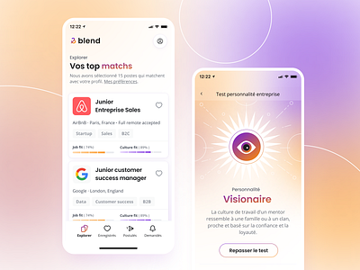 Blend - Mobile app app background art bootnow clean ui colorfull gradient job job board mobile app mobile apps personnality test startups ui ui design uiux