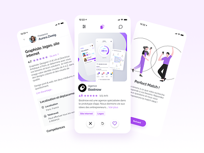 Perfect match - Mobile App application bootnow clean clean design freelance job board match minimal mobile app mobile apps purple startup swipe tinder ui ui design uidesign uiux