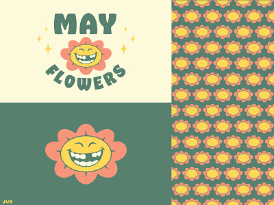 April Showers May Flowers - MAY badge branding cute design flower flowers icon illustration illustrator jud lively logo may pattern retro smile smiling tooth typography vector vintage
