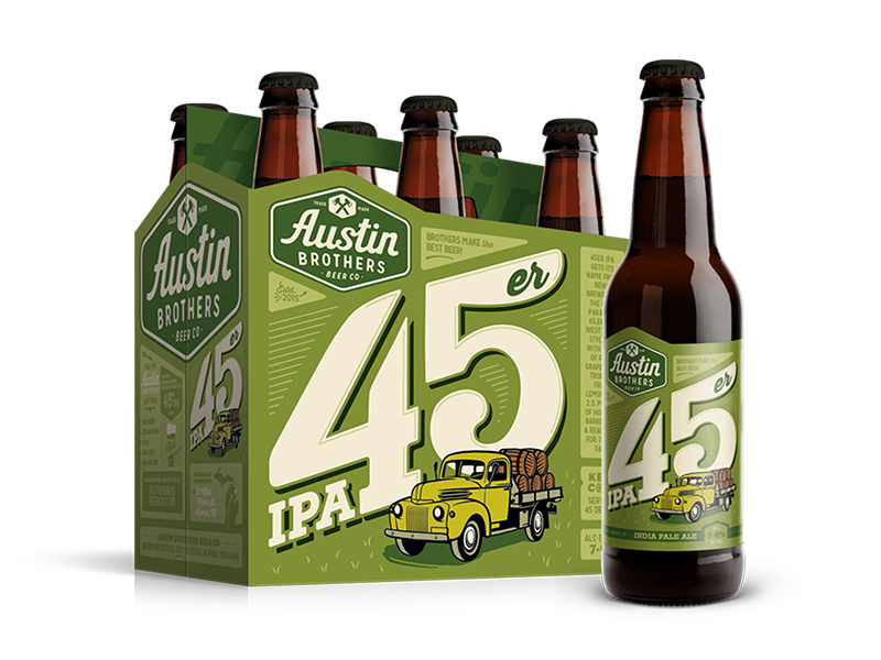 45er IPA for Austin Bros packaging package lettering design label illustration craft brewing brewery branding beer