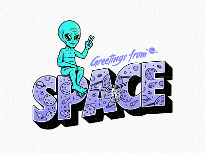 GREETINGS FROM SPACE alien alterfan artist artwork asteroid coverart greetings illustrator lettering planets postcard space ufo vector