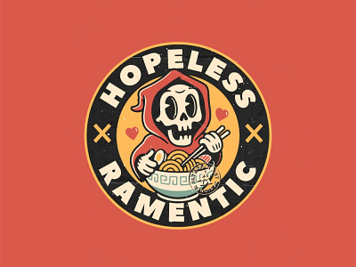 HOPELESS RAMENTIC alterfan artist badge coverart fast food grimreaper logo patch ramen reaper retro skeleton skull street food vector