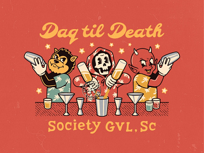 DAQ TIL DEATH alcohol alterfan artist bar bartender cafe cocktail coverart daq design devil illustration logo reaper skeleton skull vector