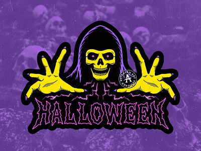 HALLOWEEN VIBES alterfan artist badge coverart design grim halloween illustration logo patch reaper skeleton skull spooky sticker vector vibes