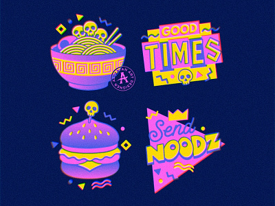 SEND NOODZ alterfan artist badge burger coverart design fastfood icon illustration logo noods patch ramen skeleton skull vector