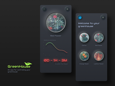 Greenhouse app apple application branding concept darkmode design energy flower greenhouse ios iphone trees trend trending trendy ui uiux ux