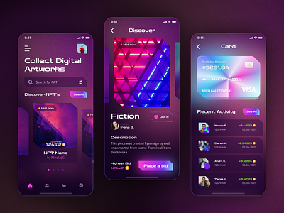 NFT Marketplace Concept App 🎨 best design blue challenge daily ui dark mode design digital art nft nft marketplace pink purple ui ui ux ui design user interface