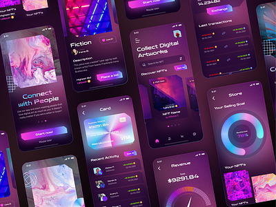 NFT Marketplace Concept App 🎨 best design blue challenge daily ui dark mode design holo holographic marketplace nft nft marketplace pink purple ui ui ux ui design user interface