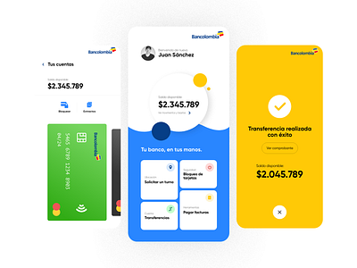 Bancolombia App - Experiments UI account bancolombia bank bank card blue branding design home money money transfer screen ui ux