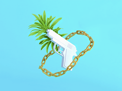 90s rules 3d artwork blue cinema4d conceptual gold gun leaf white