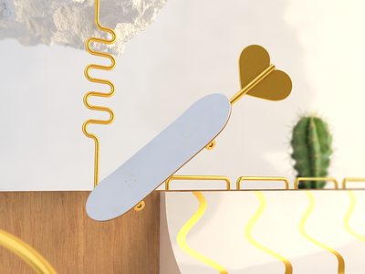 Air Toy 3d artwork cactus cinema4d conceptual gold rock skate white wood