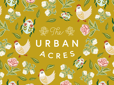 Urban Acres Pattern botanical cheerful chicken floral illustration leaves mustard peonies peony procreate punch needle rooster vintage whimsical yellow